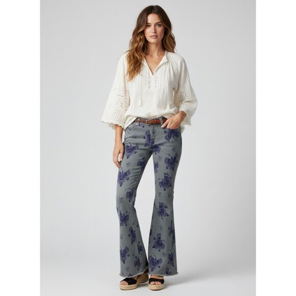 NWOT Free People Mid-Rise Floral Bell Bottom Jeans • Boho 70s Groovy Flare 32 - Picture 1 of 16